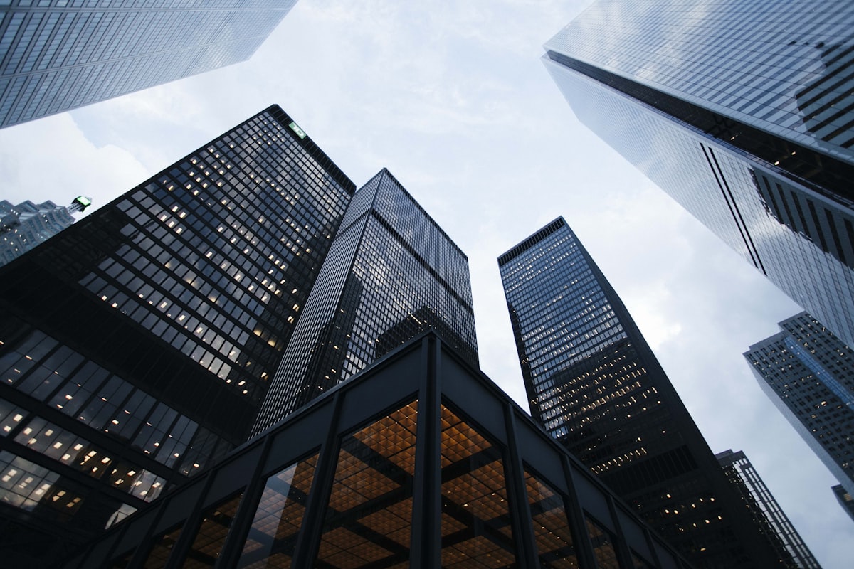 Office towers viewed from street level in a city business district