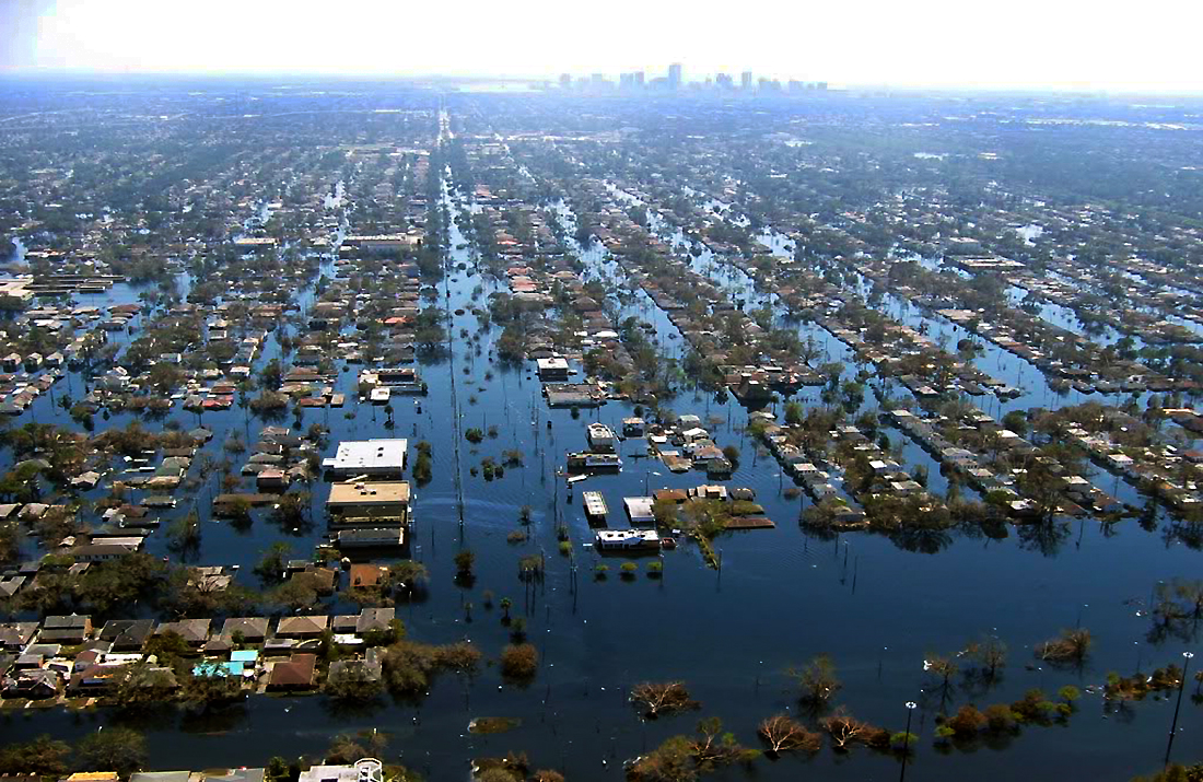 Aerial view of a flooded city used to illustrate crisis relocation planning